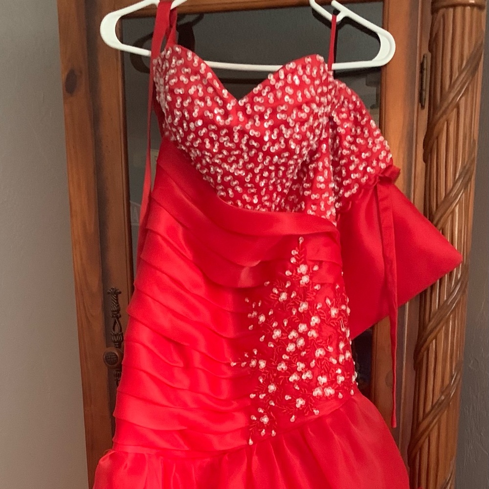 Red full length organza gown - prom dress